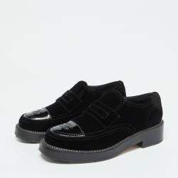 Chanel Black Velvet and Patent Leather CC Slip on Loafers Size 39.5