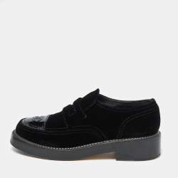 Chanel Black Velvet and Patent Leather CC Slip on Loafers Size 39.5