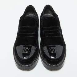 Chanel Black Velvet and Patent Leather CC Slip on Loafers Size 39.5