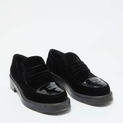 Chanel Black Velvet and Patent Leather CC Slip on Loafers Size 39.5
