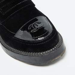 Chanel Black Velvet and Patent Leather CC Slip on Loafers Size 39.5