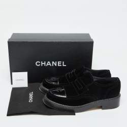 Chanel Black Velvet and Patent Leather CC Slip on Loafers Size 39.5