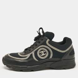 Pre Owned Chanel Black Leather and Neoprene CC Low Top Sneakers Size 37