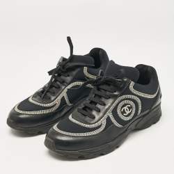 Pre Owned Chanel Black Leather and Neoprene CC Low Top Sneakers Size 37