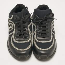 Pre Owned Chanel Black Leather and Neoprene CC Low Top Sneakers Size 37