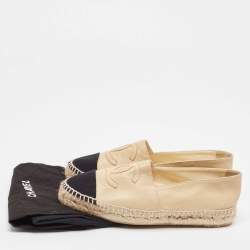 Pre Owned Chanel Beige/Black Leather and Canvas CC Espadrille Flats Size 37