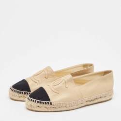 Pre Owned Chanel Beige/Black Leather and Canvas CC Espadrille Flats Size 37