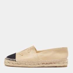 Pre Owned Chanel Beige/Black Leather and Canvas CC Espadrille Flats Size 37