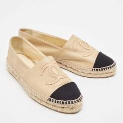 Pre Owned Chanel Beige/Black Leather and Canvas CC Espadrille Flats Size 37