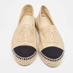 Pre Owned Chanel Beige/Black Leather and Canvas CC Espadrille Flats Size 37