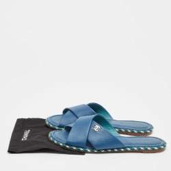 Chanel Navy Blue Leather Flat Sandals Size 42