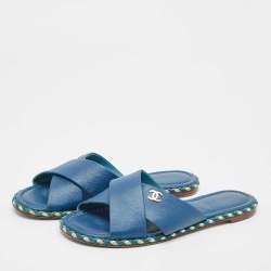 Chanel Navy Blue Leather Flat Sandals Size 42