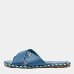 Chanel Navy Blue Leather Flat Sandals Size 42