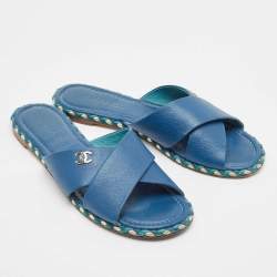 Chanel Navy Blue Leather Flat Sandals Size 42