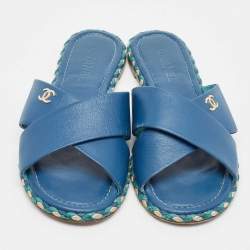 Chanel Navy Blue Leather Flat Sandals Size 42
