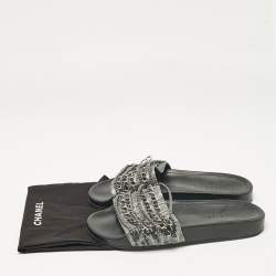 Chanel Grey Lace and Suede Tropiconic Slides Size 38