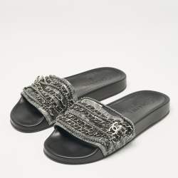 Chanel Grey Lace and Suede Tropiconic Slides Size 38