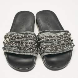 Chanel Grey Lace and Suede Tropiconic Slides Size 38