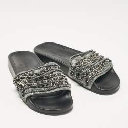 Chanel Grey Lace and Suede Tropiconic Slides Size 38