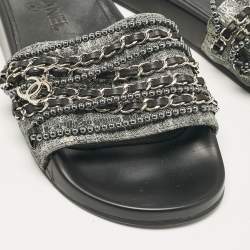 Chanel Grey Lace and Suede Tropiconic Slides Size 38