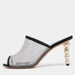 Chanel Silver/Black Canvas and Mesh Slide Sandals Size 38