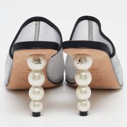 Chanel Silver/Black Canvas and Mesh Slide Sandals Size 38