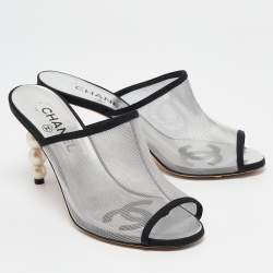 Chanel Silver/Black Canvas and Mesh Slide Sandals Size 38