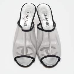 Chanel Silver/Black Canvas and Mesh Slide Sandals Size 38
