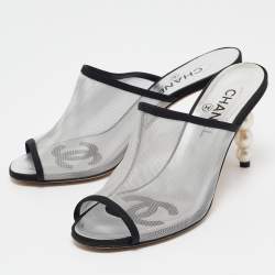Chanel Silver/Black Canvas and Mesh Slide Sandals Size 38