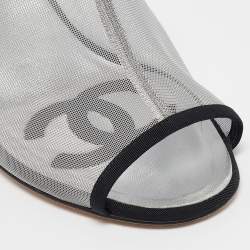 Chanel Silver/Black Canvas and Mesh Slide Sandals Size 38