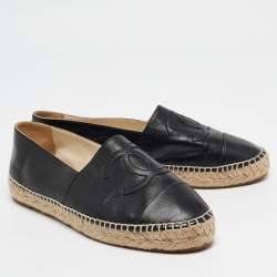 Pre Owned Chanel Black Leather CC Espadrille Flats Size 39