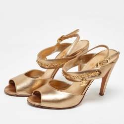 Chanel Gold Leather CC Chain Link Ankle Strap Sandals Size 38.5