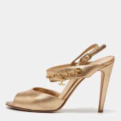 Chanel Gold Leather CC Chain Link Ankle Strap Sandals Size 38.5