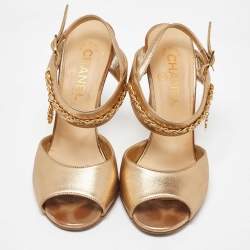 Chanel Gold Leather CC Chain Link Ankle Strap Sandals Size 38.5