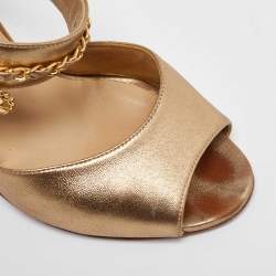 Chanel Gold Leather CC Chain Link Ankle Strap Sandals Size 38.5