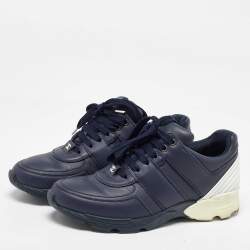 Pre Owned Chanel Navy Blue/White Leather CC Low Top Sneakers Size 37.5