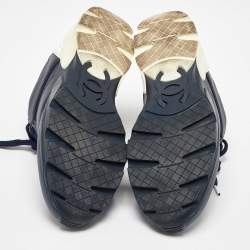 Pre Owned Chanel Navy Blue/White Leather CC Low Top Sneakers Size 37.5