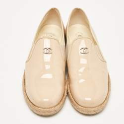 Chanel Beige Patent Leather CC Espadrille Loafers Size 39.5