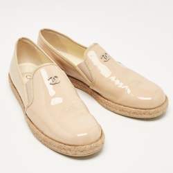 Chanel Beige Patent Leather CC Espadrille Loafers Size 39.5