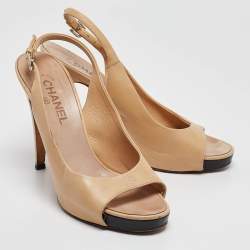 Chanel Beige Leather CC Slingback Sandals Size 40