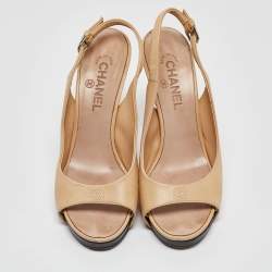 Chanel Beige Leather CC Slingback Sandals Size 40