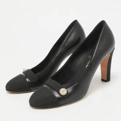 Pre Owned Chanel Black Leather and Canvas Cap Toe CC Pearl Detail Pumps Size 39