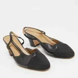 Pre Owned Chanel Black Leather and Canvas CC Slingback D'orsay Pumps Size 37