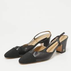 Pre Owned Chanel Black Leather and Canvas CC Slingback D'orsay Pumps Size 37
