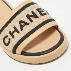 Chanel Beige Canvas and Leather CC Flat Slides Size 37