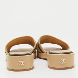 Chanel Beige Canvas and Leather CC Flat Slides Size 37