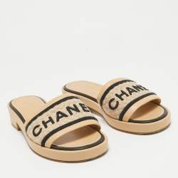 Chanel Beige Canvas and Leather CC Flat Slides Size 37