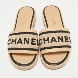 Chanel Beige Canvas and Leather CC Flat Slides Size 37