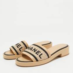 Chanel Beige Canvas and Leather CC Flat Slides Size 37