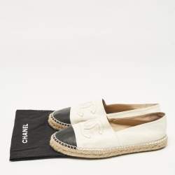Pre Owned Chanel White/Black Leather CC Cap Toe Espadrille Flats Size 41